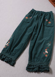 Natural Green Embroidered Lace Patchwork Corduroy Pants Winter