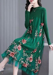 Natural Green Embroidered Patchwork Knit Long Dress Spring