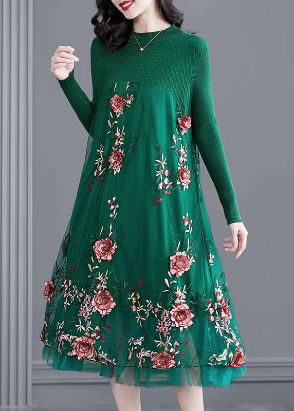 Natural Green Embroidered Patchwork Knit Long Dress Spring