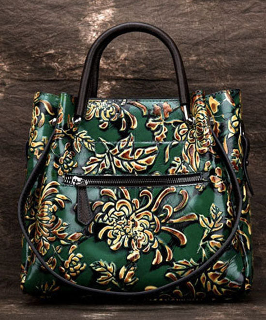 Natürliche grüne Blumenpaitings Kalbsleder Satchel Handtasche