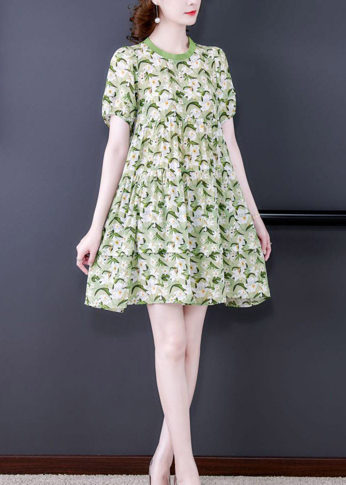 Natural Green O-Neck Cinched Print Dress Short Sleeve