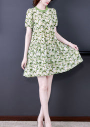 Natürliches grünes O-Neck Cinched Print Kleid mit kurzen Ärmeln
