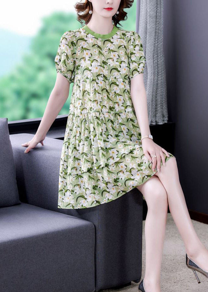 Natural Green O-Neck Cinched Print Dress Short Sleeve