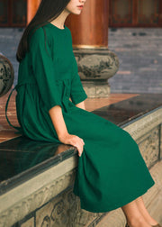 Natürliches grünes Leinenkleid mit O-Ausschnitt, Cinched Sashes und Dreiviertelärmeln