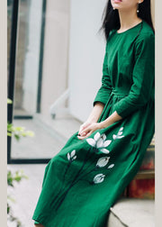 Natürliches grünes Leinenkleid mit O-Ausschnitt, Cinched Sashes und Dreiviertelärmeln