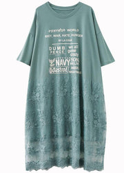 Natural Green O-Neck Graphic Summer Long Dresses Half Sleeve - SooLinen
