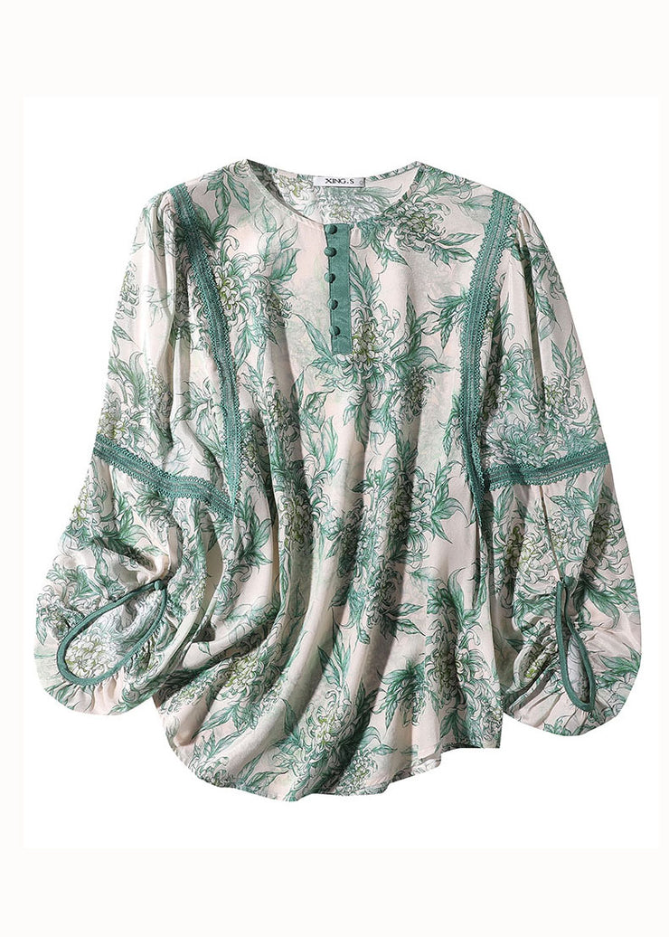 Natural Green O Neck Lace Patchwork Print Silk T Shirt Spring