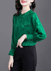 Natural Green O Neck Patchwork Jacquard Silk Shirt Tops Spring