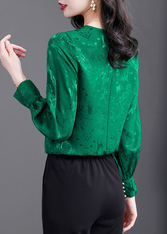 Natural Green O Neck Patchwork Jacquard Silk Shirt Tops Spring