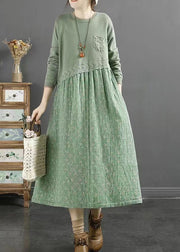Natural Green O Neck Print Lace Patchwork Cotton Dresses Fall