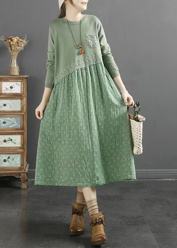 Natural Green O Neck Print Lace Patchwork Cotton Dresses Fall