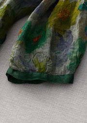 Natural Green O-Neck Print Wrinkled Linen Tops Long Sleeve