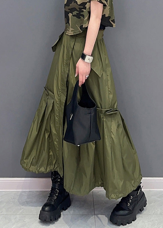 Natural Green Patchwork Elastic Waist Solid Long Skirts Summer