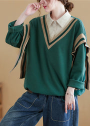 Natural Green Peter Pan Collar Patchwork Cotton Sweatshirts Top Spring