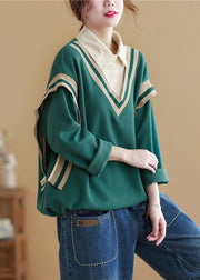 Natural Green Peter Pan Collar Patchwork Cotton Sweatshirts Top Spring