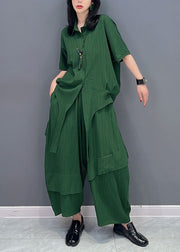 Natural Green Peter Pan Collar Patchwork Tops And Pants Cotton Two Pieces Set Spring