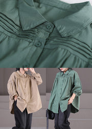 Natural Green Peter Pan Collar Wrinkled Shirts Long Sleeve