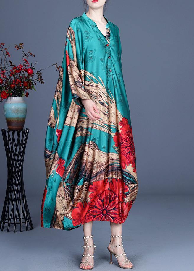 Natural Green Print Chiffon Oversize Summer Spring Robe Dresses - SooLinen