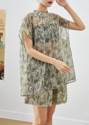 Natural Green Print Oversized Cotton Two Piece Set Women Clothing Summer