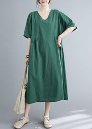 Natural Green Solid Color Patchwork Cotton Long Dress Short Sleeve
