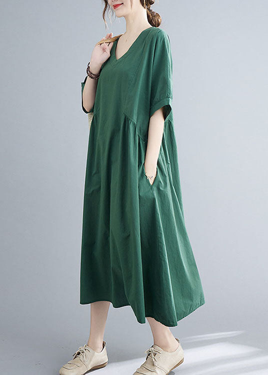 Natürliches grünes einfarbiges Patchwork-Baumwolllanges Kleid mit kurzen Ärmeln