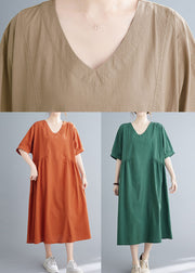 Natural Green Solid Color Patchwork Cotton Long Dress Short Sleeve