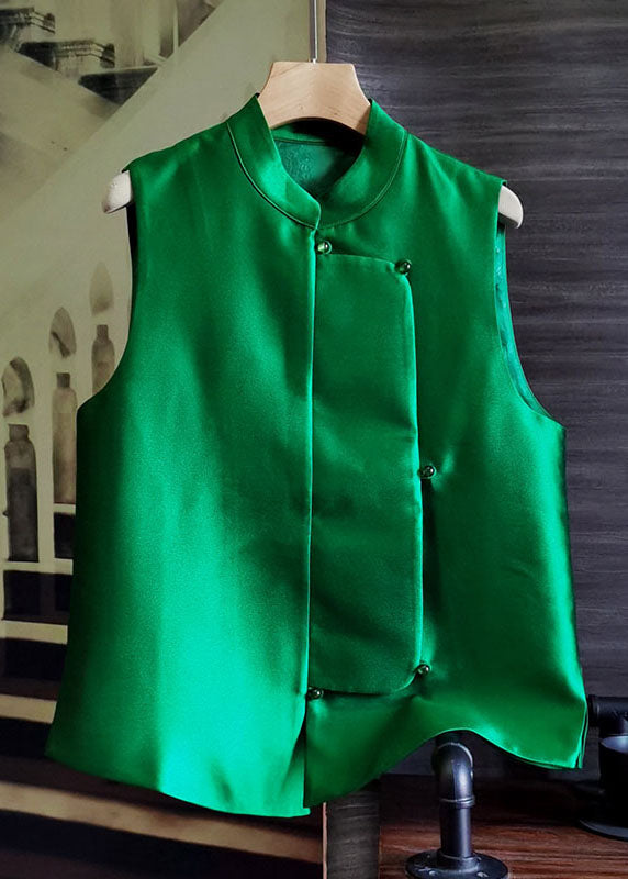 Natural Green Stand Collar Patchwork Silk Vest Spring