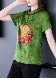 Natural Green Stand Collar Side Open Print Silk Shirts Short Sleeve