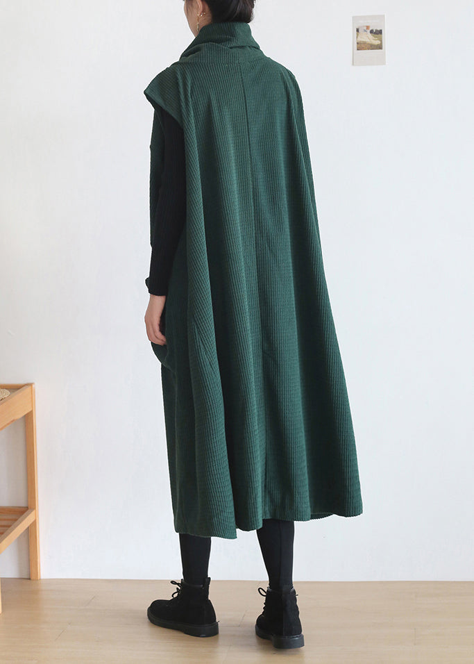 Natural Green Turtleneck Pockets Knit Cotton Dress Sleeveless