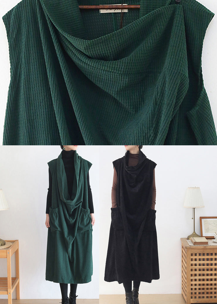Natural Green Turtleneck Pockets Knit Cotton Dress Sleeveless
