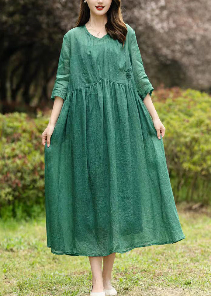 Natural Green V Neck Embroidered Patchwork Linen Dresses Summer
