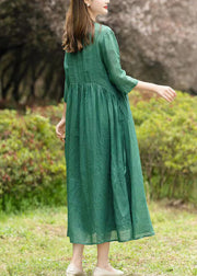 Natural Green V Neck Embroidered Patchwork Linen Dresses Summer