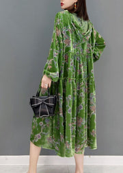 Natural Green V Neck Hooded Velour Dress Spring