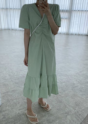 Natural Green V Neck Patchwork Cotton Long Dresses Short Sleeve