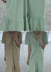 Natürliche grüne Patchwork-Baumwollkleider mit V-Ausschnitt und kurzen Ärmeln