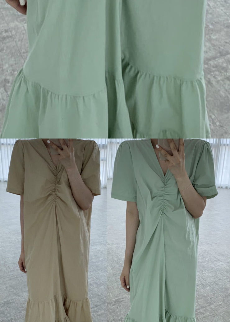 Natural Green V Neck Patchwork Cotton Long Dresses Short Sleeve