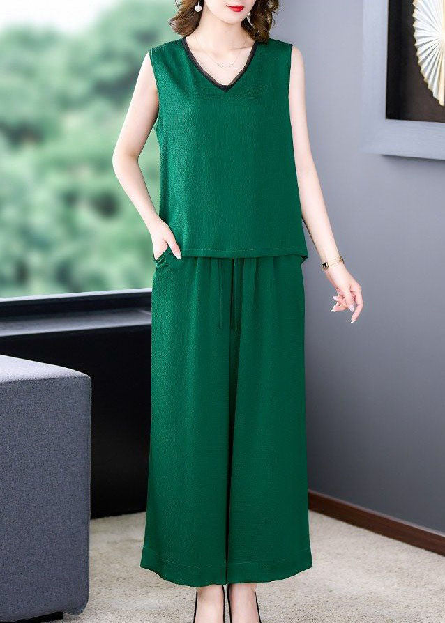 Natural Green V Neck Patchwork Silk Tops And Pants Two-Piece Set Summer
