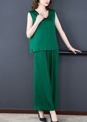 Natural Green V Neck Patchwork Silk Tops And Pants Two-Piece Set Summer