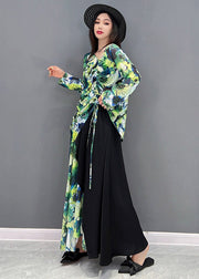 Natural Green V Neck Print Top And Maxi Skirts Two Pieces Set Summer