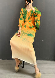 Natural Green V Neck Print Wrinkled Silk Long Dress Long Sleeve