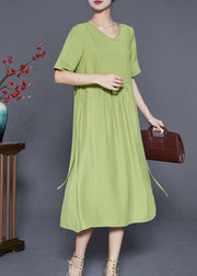 Natural Green V Neck Wrinkled Cotton Maxi Dresses Summer