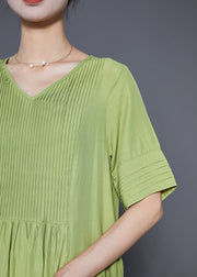 Natural Green V Neck Wrinkled Cotton Maxi Dresses Summer