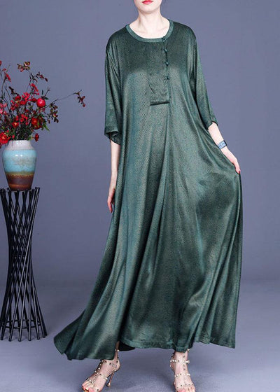 Natural Green Vintage Asymmetrical Button Summer Silk Summer Dresses - SooLinen
