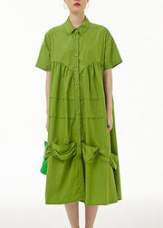 Natural Green Wrinkled Button Maxi Dress Summer