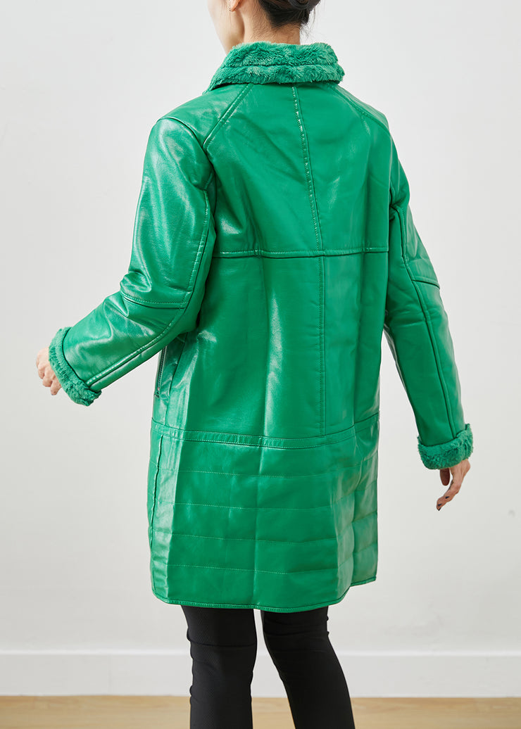 Natural Green Zip Up Patchwork Duck Down Faux Leather Coats Winter