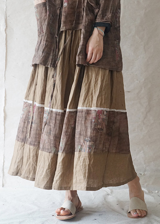 Natural Green elastic waist drawstring print Patchwork Linen Skirt Spring