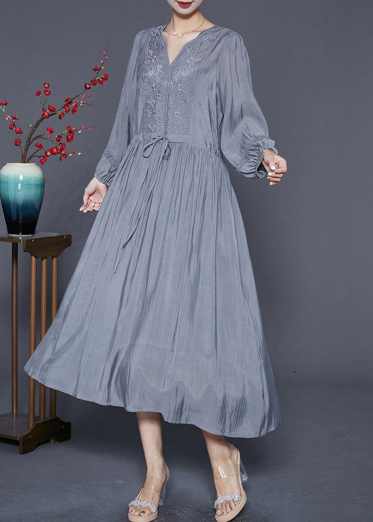 Natural Grey Embroidered Cinched Patchwork Cotton Dresses Summer