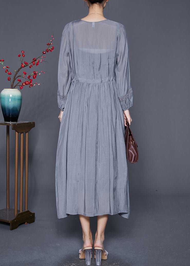 Natural Grey Embroidered Cinched Patchwork Cotton Dresses Summer