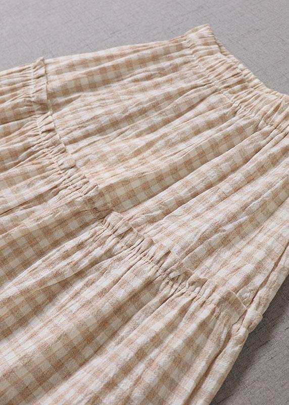 Natural Grey Green Plaid Patchwork Wrinkled Print Fall Skirt - SooLinen