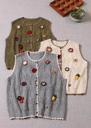 Natural Grey Hollow Out Button Floral Fall Knit Vest - SooLinen